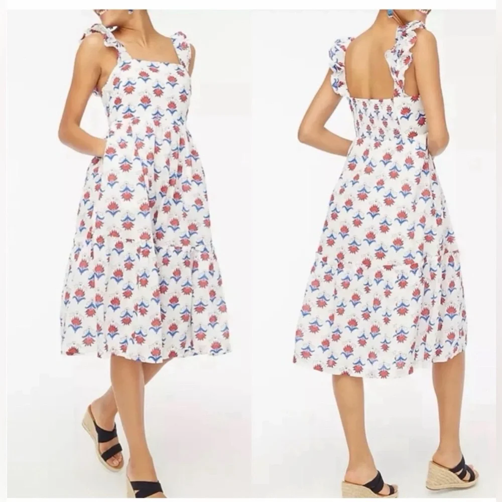 J.Crew Square Neck Midi Dress White Red Blue Floral - Picture 2 of 7